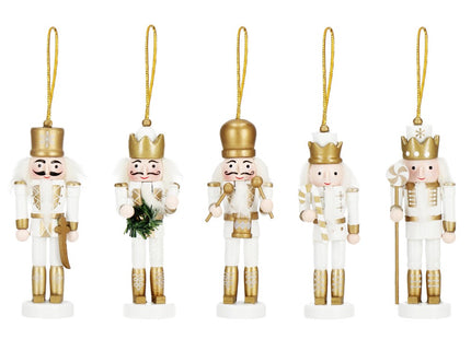 Notenkraker Kerst | Houten Soldaat | Kerstversiering | 5 Stuks | Goud/Wit | 12,5 cm
