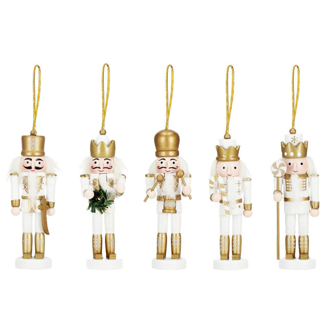 Notenkraker Kerst | Houten Soldaat | Kerstversiering | 5 Stuks | Goud/Wit | 12,5 cm