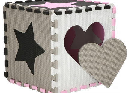 Speelmat | Speelmat Foam | Puzzelmat | Figuren | 16 Puzzelstukken | 150 x 150 cm | Roze/Grijs/Zwart/Wit