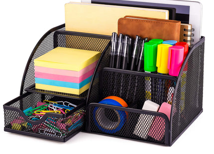 Springos® Bureau Organizer Zwart – Metalen Pennenhouder met 6 Vakken en Uitschuifbare Lade – Bureau Opberger voor Kantoorartikelen – 22 x 14 x 13 cm