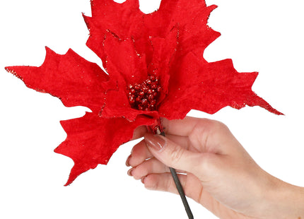 Kunstbloem - Rode Poinsettia - Ster van Bethlehem - Rood - Glitters