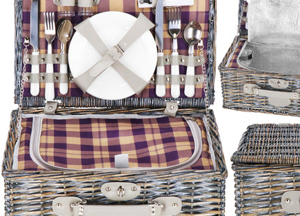 Picknickmand -  Servies - 4 Persoons - Thermisch - Riet - Grijs - 42 x 27 x 20 cm