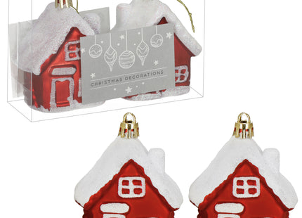 Kersthanger | Huis | Kerstboomhanger | Wit | Rood | Glitters | Kunststof | 7 cm | 2 Stuks