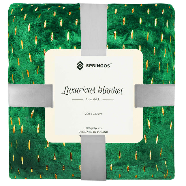 Plaid | Sprei | Deken | 220 x 200 cm | Pluche | Groen/ Goud