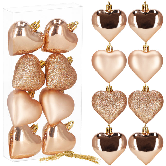 Kerstballen | Rose Goud | Hartjes | 8 Stuks | 7 Cm