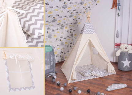 Tipi Tent | Wigwam Speeltent | 120x100x180 cm | Met Mat en Kussens | Naturel Grijs | Golven