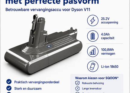 SQOON® Accu geschikt voor Dyson V11 – 25.2V 4.0Ah Li-ion vervangingsaccu