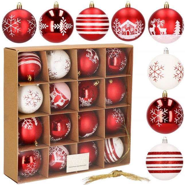 Kerstballen | 16 stuks | 8 cm | Rood/Wit