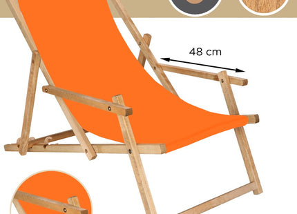 Ligbed | Strandstoel | Ligstoel | Verstelbaar | Arm Leuning | Beukenhout | Geïmpregneerd | Handgemaakt | Oranje