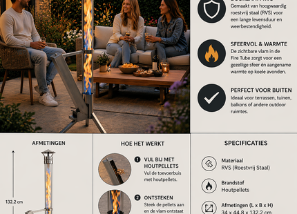 Muntel® Pellet Terras Heater - Terrasverwarmer - Outdoor - Heater - Fire Tube - Pallet - RVS - 34x 44.8x 132.2Cm