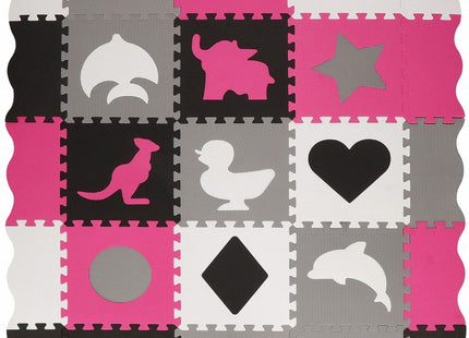 Speelmat | Speelmat Foam | Puzzelmat | Figuren | 9 Puzzelstukken | 120 x 120 cm | Roze/Grijs/Zwart/Wit