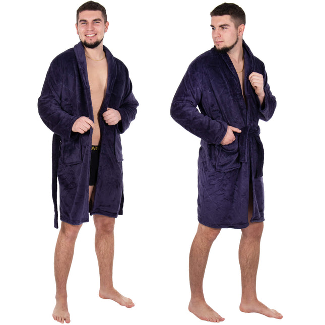 Badjas - Fleece - Marineblauw - Capuchon - Riem - Maat M/L