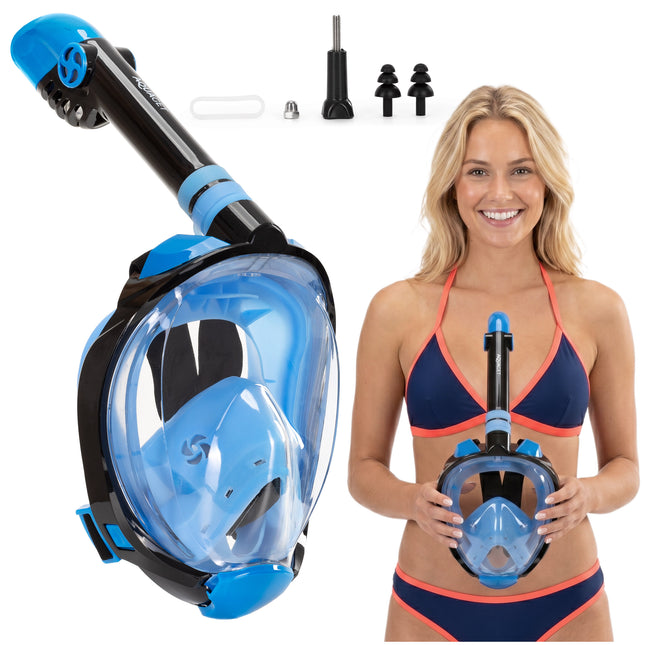 Snorkelmasker - Duikmasker - Duikbril - Camera Houder - Snorkel - Face Masker - DRY Top - Verstelbaar - L/XL - Blauw
