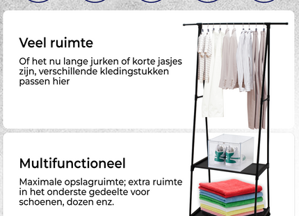 Kledingrek | Op Wielen | Schoenenrek | Verstelbaar | 55-84 X 43 X 156 cm | Zwart