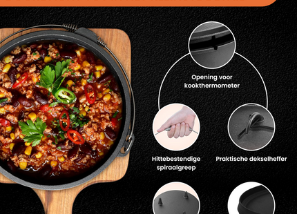 Dutch Oven - Gietijzer - Bakpan - Kookpan - 7,5 L - Multifunctioneel - Braadpan - 3 Delig - Draaggreep - Zwart