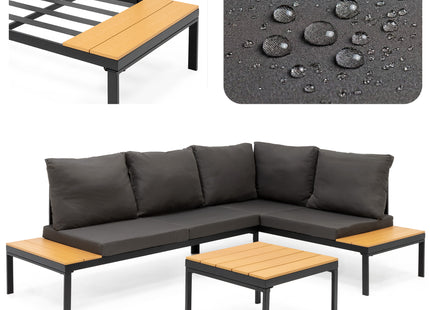 Tuinmeubelset - Loungeset - Tuinmeubilair - Bank - Stoelen - Tafel - Kussens - Zwart - Bruin - Staal - Hout - 150 Kg