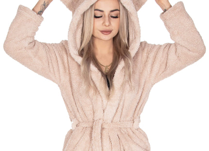 Badjas - Fleece - Teddybeer - Beige - Capuchon - Riem - Maat S/M