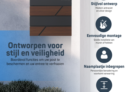 Brievenbus - Wandbrievenbus - Hangend - Staal - Antraciet - Houtlook - 10,5 x 37 x 37 cm