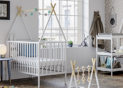 Baby Bed - Beukenhout - Verstelbaar - Inclusief Matras - Wit- 120 x 60 CM