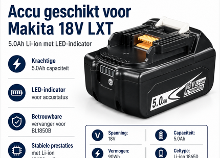 SQOON® Accu geschikt voor Makita 18V LXT – 5.0Ah Li-ion – Met LED-indicator