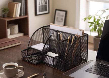 Springos® Bureau Organizer Zwart – Metalen Pennenhouder met 6 Vakken en Uitschuifbare Lade – Bureau Opberger voor Kantoorartikelen – 22 x 14 x 13 cm
