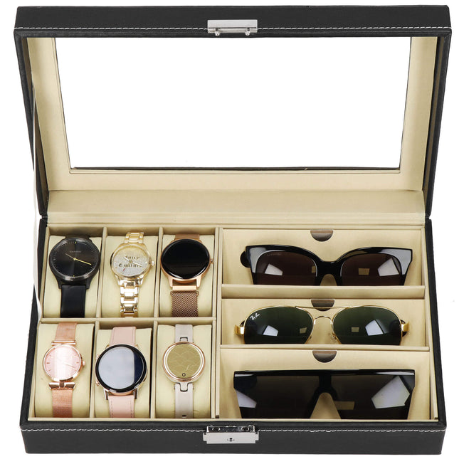 Horlogedoos - Brillendoos - Horlogebox - Opbergdoos - Zwart - Creme - 6 Horloges - 3 Brillen