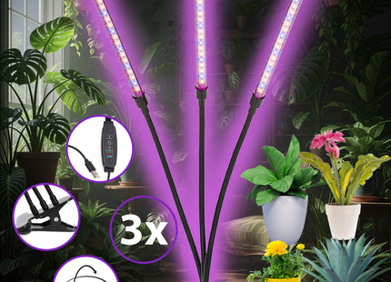 Kweeklamp - Led Voor Planten - Groeilamp - Grow Light - Bloeilamp - Plantenverlichting -  3 Panelen - Met TImer - 60 Led - USB