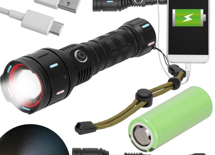 Zaklamp - Militair - Zoom - LED - Oplaadbaar - Zwart.
