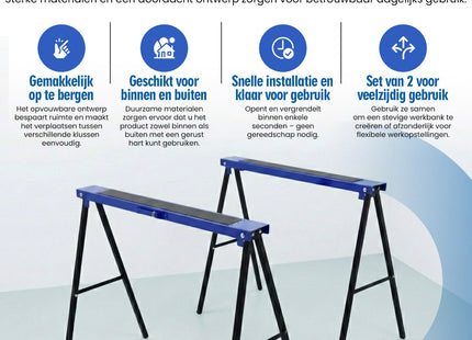 Muntel Opklapbare Schragen - Heavy-Duty - Tot 200 kg Draagvermogen - Verstelbaar - Opvouwbaar - Zwart/Blauw - Set Van 2 - 99,5 x 48 x 78 cm