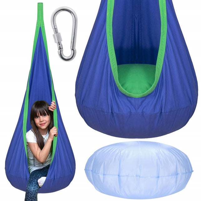 Hangstoel Kinderen | Kinderhangstoel | Kraaiennest | 90 kg | Inclusief Opblaasbaar Kussen | Inclusief Karabijnhaak | Blauw/Groen