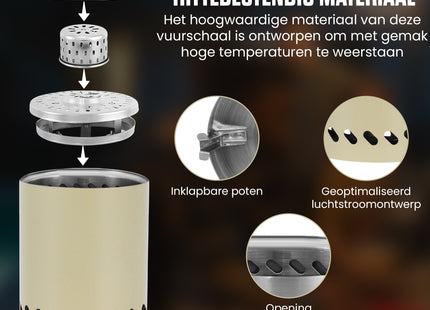 EdenOutdoor® Tafelhaard - Rookloze Tafelhaard - Rookloze Vuurkorf - Pellet & Hout - 19,5 x Ø14,5 CM - Beige