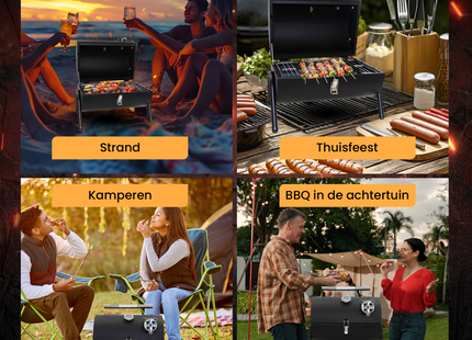 Houtskoolbarbecue - Smoker - BBQ - Grill - Draagbaar - Uitklapbaar - Cilinder - Camping - Zwart