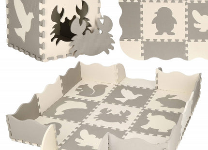 Speelmat | Speelmat Foam | Puzzelmat | Figuren | Dieren | 9 Puzzelstukken | 120 x 120 cm | Crème/Grijs