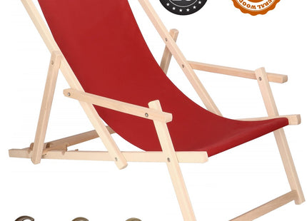 Ligbed | Strandstoel | Ligstoel | Verstelbaar | Arm Leuning | Beukenhout | Handgemaakt | Bordeaux Rood