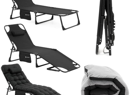 Campingbed | Campingstoel | Kampeerstoel | Verstelbaar | Vouwstoel | Visstoel | Inklapbaar | Zwart/Grijs | 120 Kg | 175 x 57 x 70 Cm