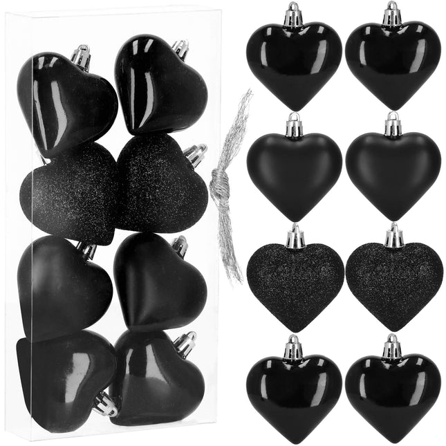 Kerstballen | Zwart | Hartjes | 8 Stuks |  7 Cm