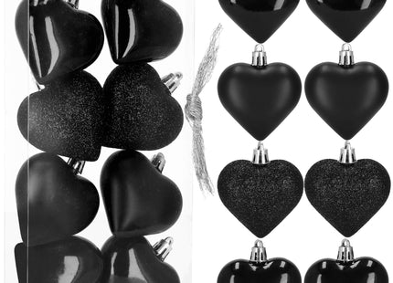 Kerstballen | Zwart | Hartjes | 8 Stuks |  7 Cm