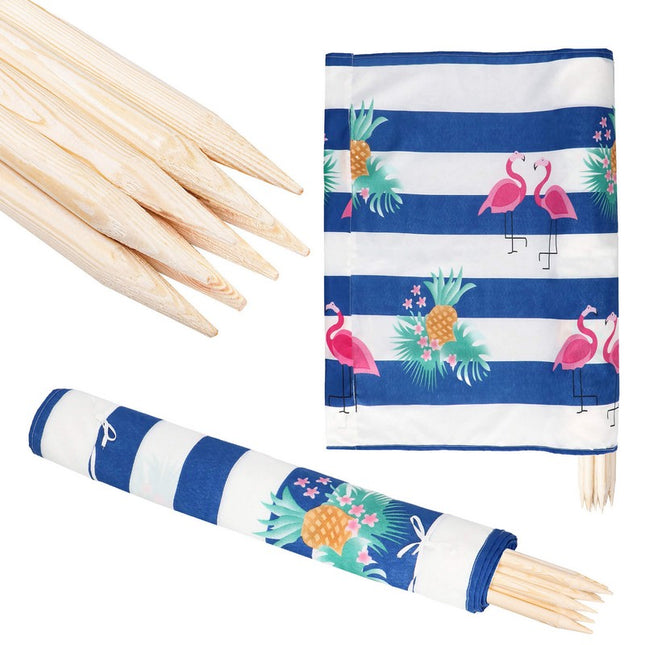 Strand Windscherm Met Stokken | Windscherm Strand | Windscherm Camping | 8 Meter | Flamingo | Blauw/Wit Gestreept