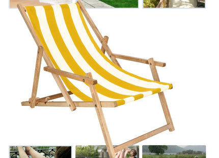 Ligbed | Strandstoel | Ligstoel | Verstelbaar | Arm Leuning | Beukenhout | Geïmpregneerd | Handgemaakt | Geel Wit