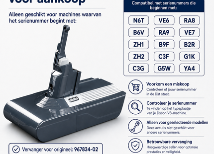 SQOON® Accu geschikt voor Dyson V8 steelstofzuiger - Gelijk aan model: 967834-02 - Li-ion 21,6V 3,0Ah 64,8Wh