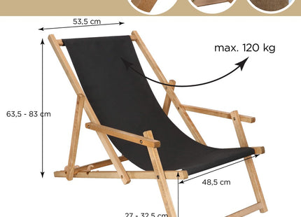 Ligbed | Strandstoel | Ligstoel | Verstelbaar | Arm Leuning | Beukenhout | Geïmpregneerd | Handgemaakt | Zwart