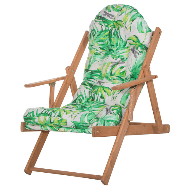 Houten Ligstoel - Ligbed - Met Kussen - Verstelbaar - Weersbestendig - Bladeren - Grenenhout - 90 x 71 x 103 Cm