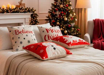 Sierkussenhoes | Kussenhoes | Kussensloop | Woonaccessoires | 40 x 40 cm | 4 Stuks | Kerstpatronen | Rood/Wit