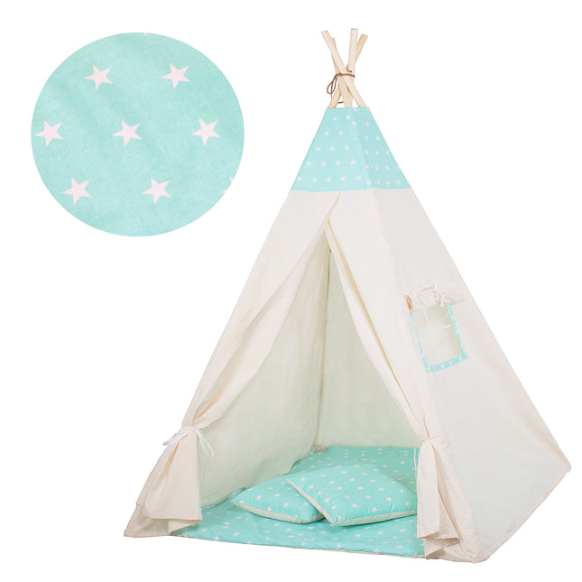 Tipi Tent | 120x100x180 cm | Met Mat en Kussens | Naturel Mint | Sterren