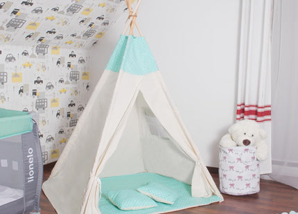 Tipi Tent | Wigwam Speeltent | 120x100x180 cm | Met Mat en Kussens | Naturel Mint | Stippen