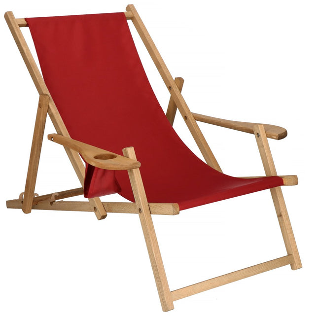Ligbed | Strandstoel | Ligstoel | Verstelbaar | Armleuningen | Beukenhout | Geïmpregneerd | Handgemaakt | Bordeaux Rood