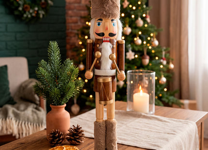 Notenkraker 38 cm – Houten Kerstsoldaat met Trommel – Bruin en Goud – Traditionele Kerstdecoratie met Beweegbare Mond