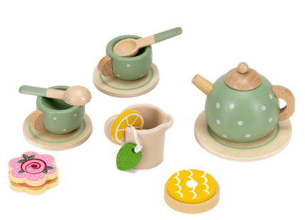 Springos ® Houten Theeservies - 13-delige Theeset met Theepot, Kopjes, Taartjes en Koekjes - Groen