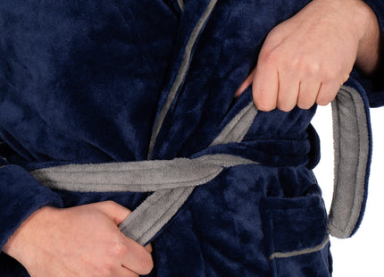 Badjas - Fleece - Marineblauw - Grijstint - Capuchon - Riem - Maat M/L