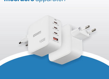 Thuislader 4 POORT - geschikt voor Apple iPhone - Samsung - Xiaomi - Oppo - 100 W 3x USB-C PD + USB QC 3.0 - 3x USB-C | 1x USB-A